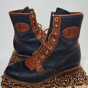 VTG 90's Justin Womens Two-Toned Blue & Brown Roper Western Kiltie Leather Boots